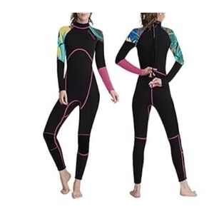 Women’s Full-Body Long Sleeve Wetsuit - Black with Pink & Teal Accent